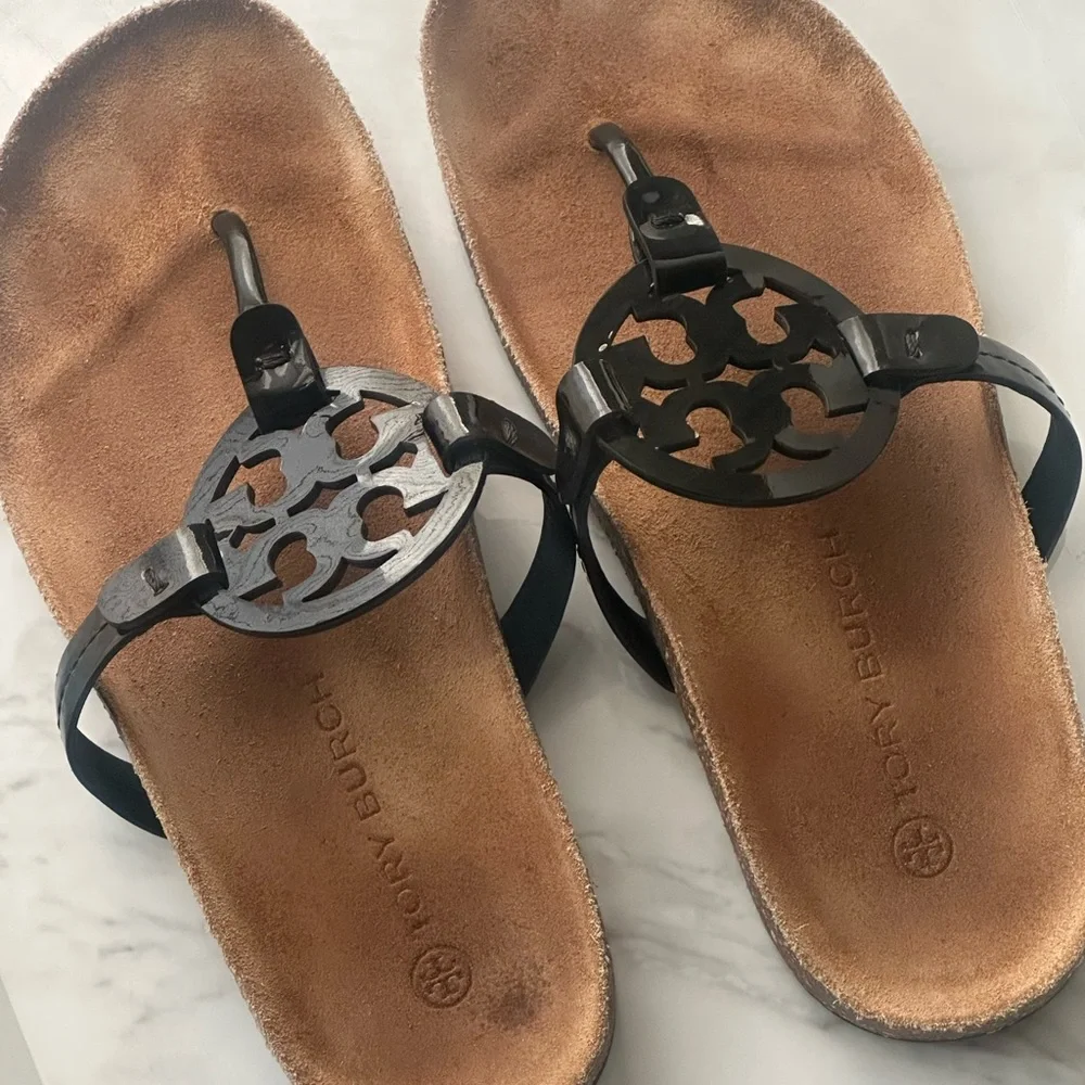 Tory Burch Black Leather Miller Thong Sandals with Brown Footbed
